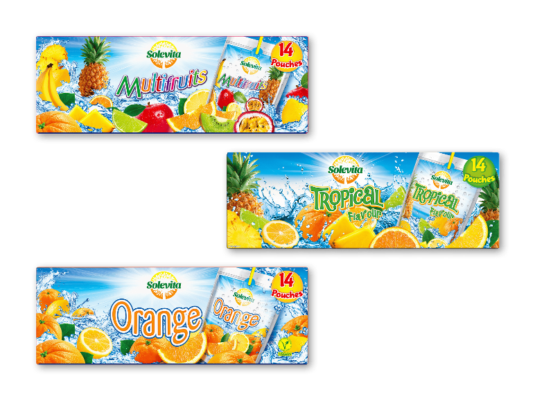 Tre pakker frugtjuice: multifrugt, tropisk og appelsin, hver med 14 poser.