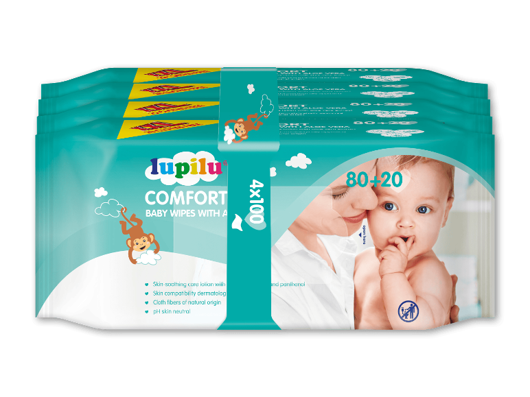Pakke med vådservietter til babyer med billede af en baby og mor.