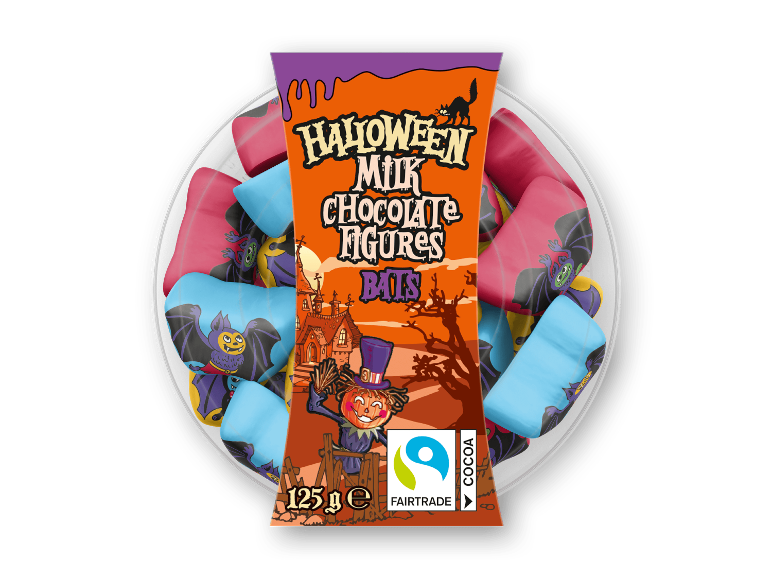 Halloween mælkechokoladefigurer formet som flagermus, 125g pakke.