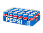 Pakke med 24 blå sodavandsdåser med rødt og hvidt logo, 100% genanvendt papir.