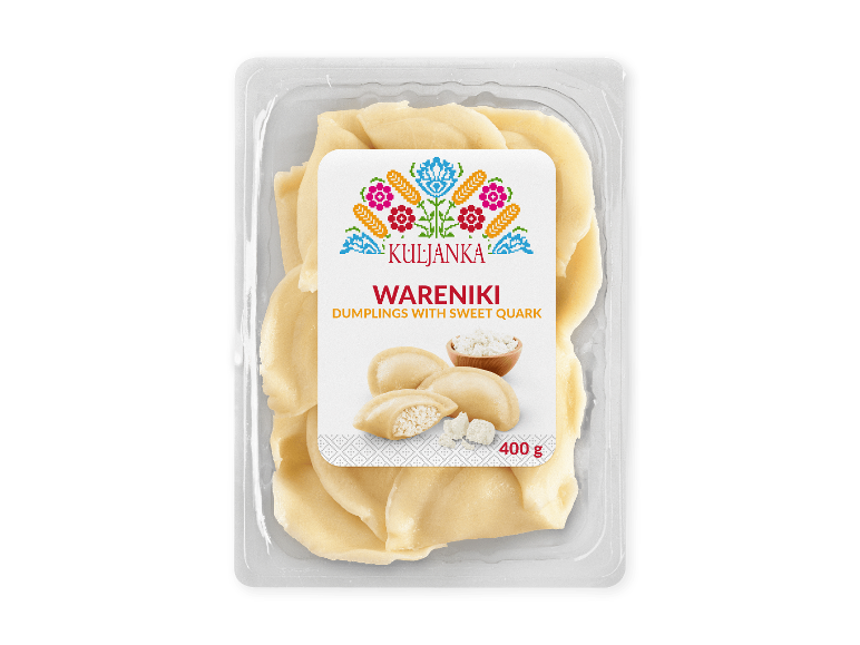 Vareniki med sød kvark, 400 g, i pakke med traditionelt mønster.