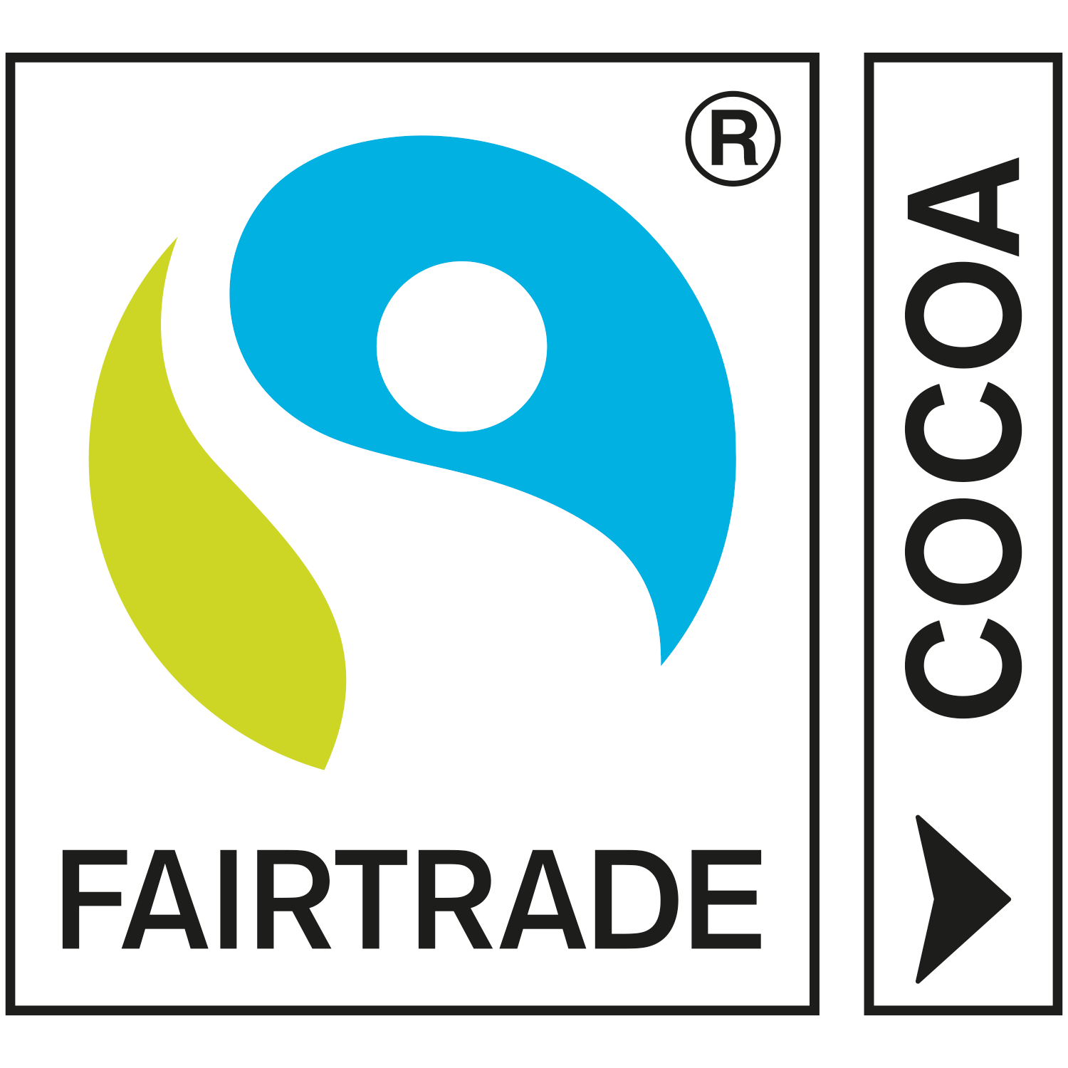 Fairtrade Cocoa-segl med grønt og blåt logo og et R i en cirkel.
