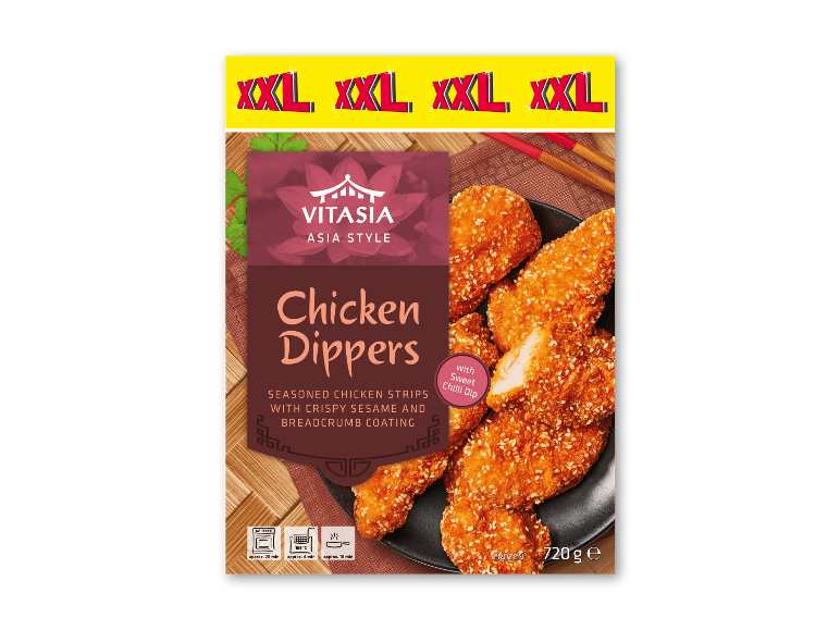 XXL Chicken Dippers paneret med sesam og sød chilisauce, 720g, frosne.