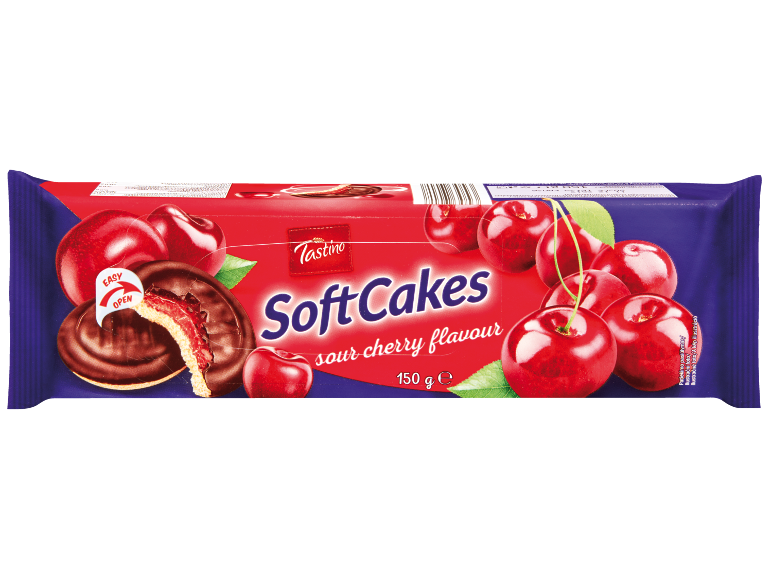 Tastino Soft Cakes med sur kirsebærsmag, 150g pakke