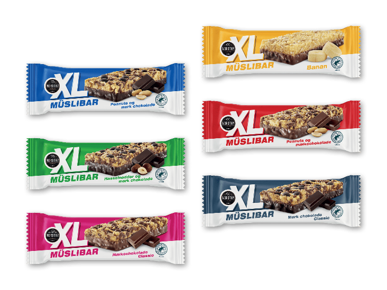 Seks varianter af XL müslibarer med smag af chokolade, nødder og banan.