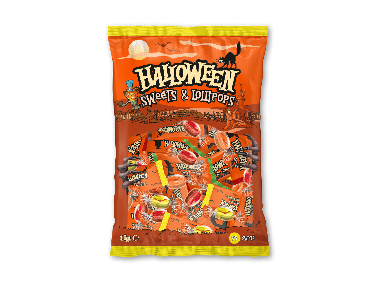 En 1 kg pose med Halloween-slik og slikkepinde med uhyggelige illustrationer.