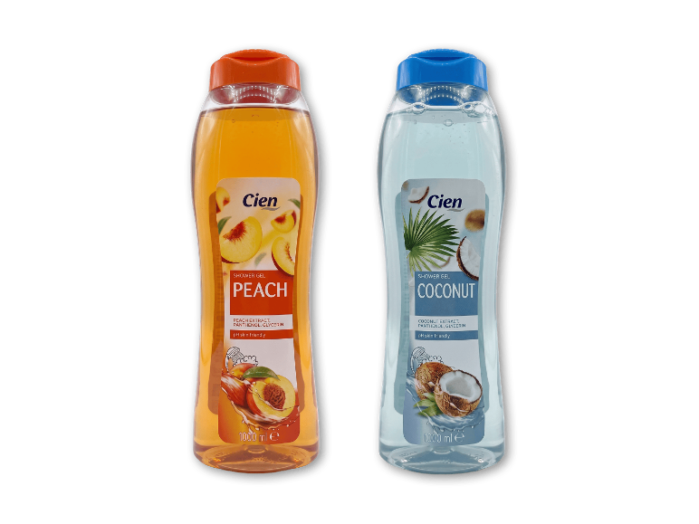 To 1000 ml flasker med showergel, en med fersken- og en med kokosduft.