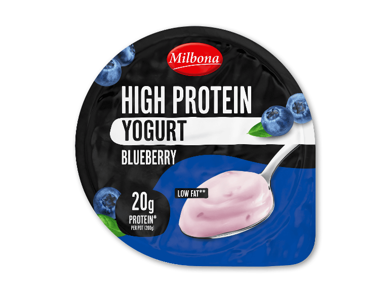 Højprotein blåbæryoghurt, 20g protein, lavt fedtindhold.