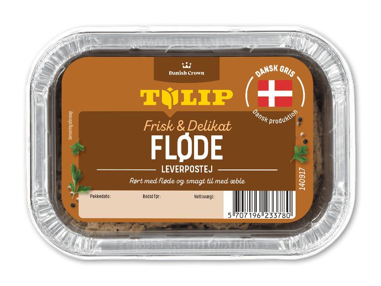 Leverpostejpakke med teksten 'Frisk og delikat flødeleverpostej'.