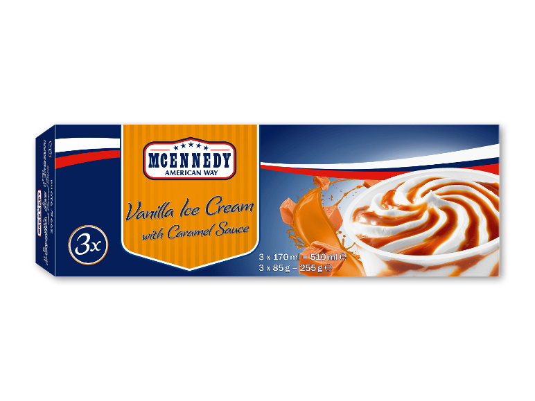 Vaniljeis med karamelsauce, 3-pak