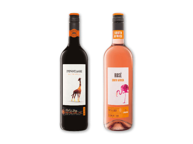 To flasker Cimarosa-vin fra Sydafrika: Pinotage og Rosé.