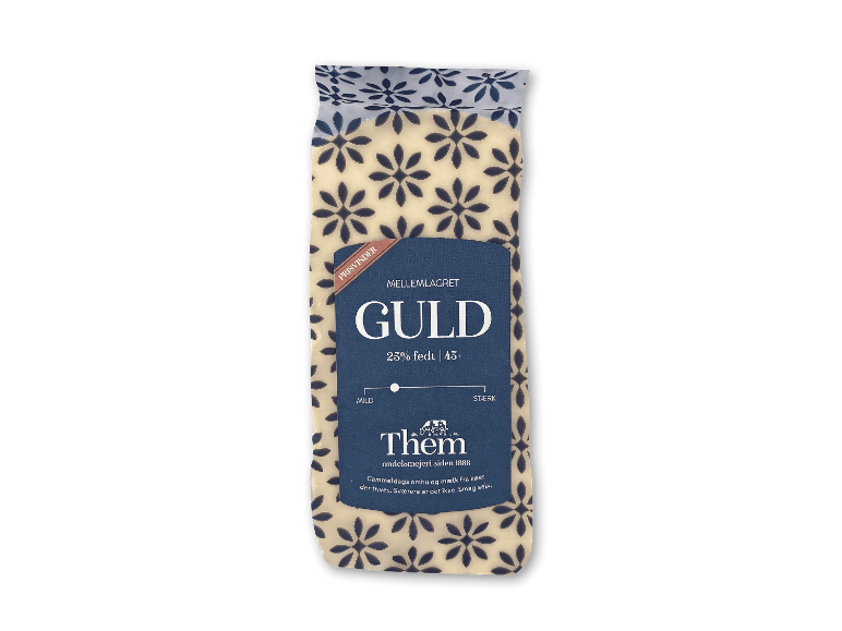 Pakke med Guld ost, 25% fedt, mellemlagret, med blomstermønster.