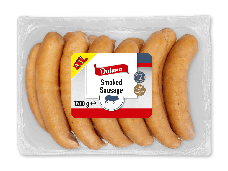 Pakke med 12 røgede pølser, 1200g, røget med bøgetræ.