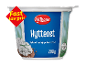 Hytteost i beholder med teksten 'Fast lav pris' og serveringsforslag, 200 g.