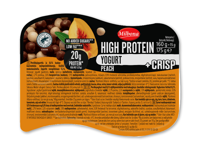 MILBONA High Protein yoghurt med fersken og crisp, uden tilsat sukker, lavt fedtindhold, 20 g protein.