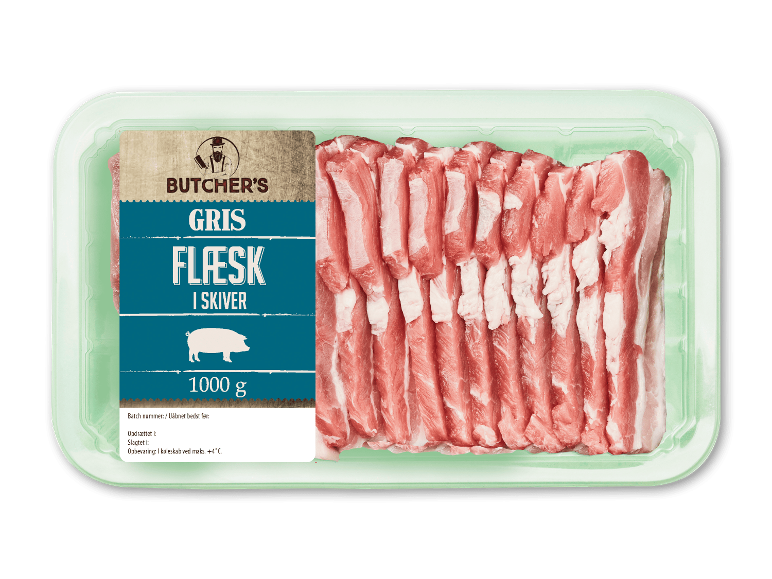Butcher's skiveskåret flæsk, 1000g emballage.