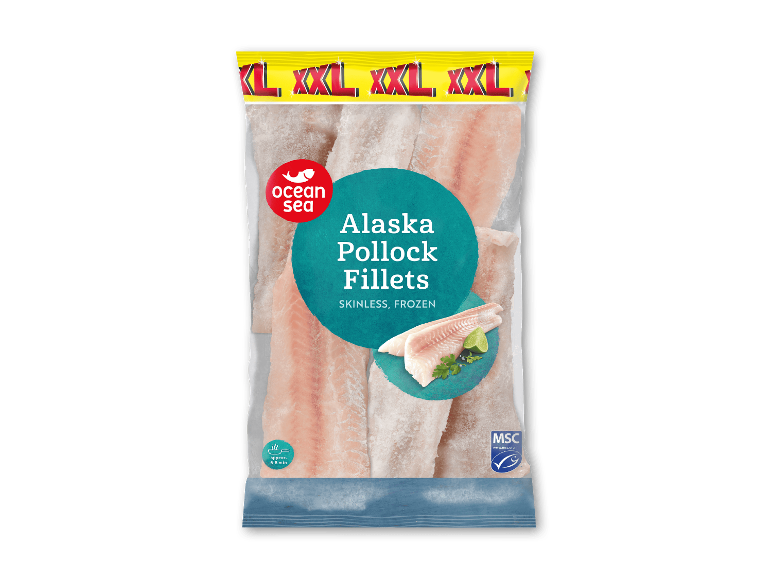 Frosne Alaska Pollock Fileter i en gennemsigtig pose med tilberedningsvejledning.