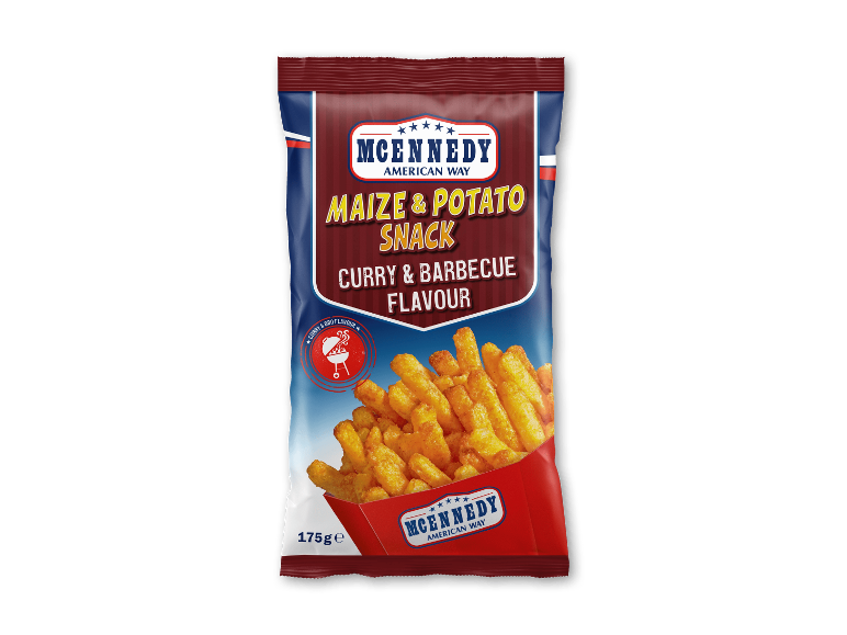 MCENNEDY majs- og kartoffelsnack med smag af karry og barbecue, 175 g