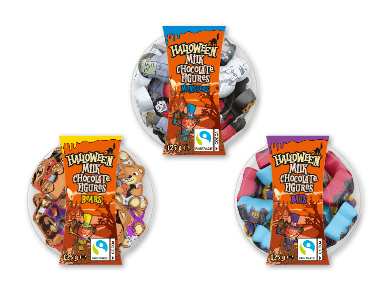 Tre bøtter med Halloween-mælkechokoladefigurer: monstre, bjørne og flagermus.