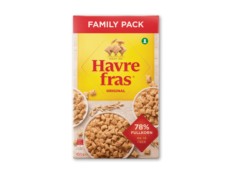 Cerealpakke med havrekvadrat, mærket 'Family Pack' og 'Original', 78% fuldkorn.