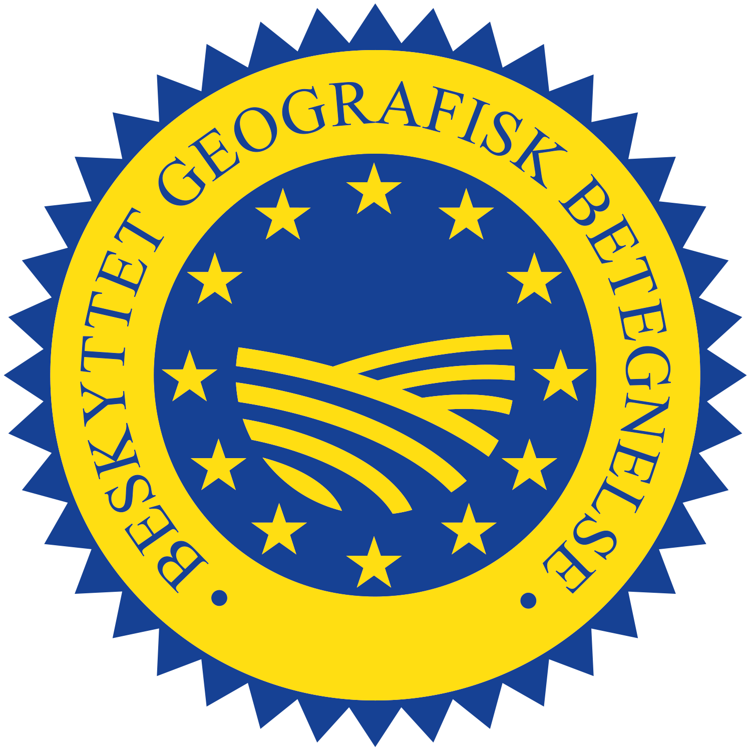 Segl med teksten 'BESKYTTET GEOGRAFISK BETEGNELSE' og et symbol på et landbrugslandskab.