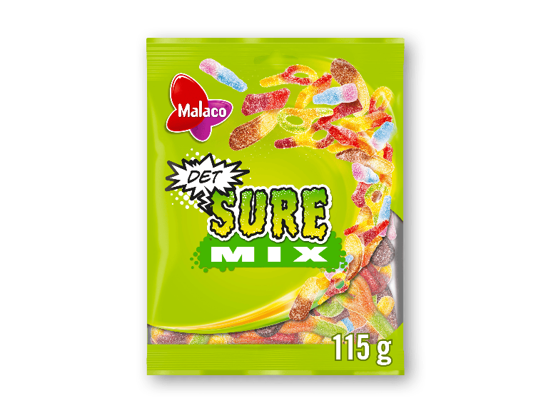 En pose med 115 g sure, blandede vingummier.