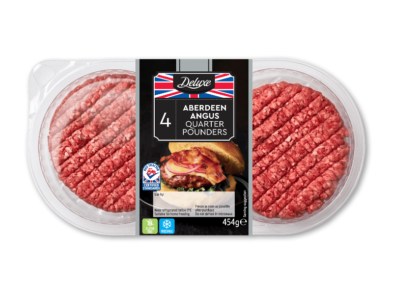 DELUXE Aberdeen Angus Quarter Pounders, 4 burgere, 454g, glutenfri og fryseegnet.