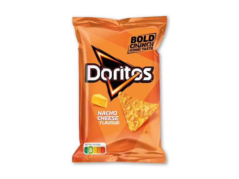 Orange pose chips med ostesmag, teksten 'BOLD CRUNCH ICONIC TASTE' og Nutri-Score A.