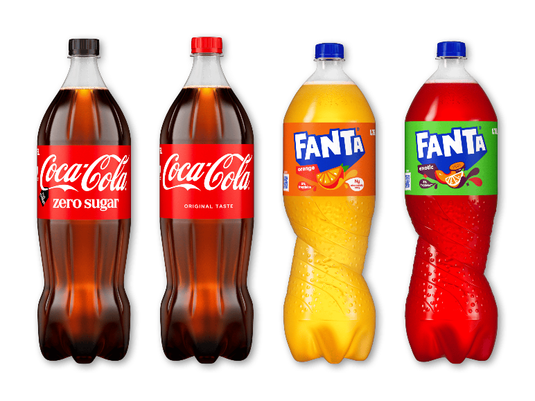 Coca-Cola, Coca-Cola Zero Sugar, Fanta Orange og Fanta Exotic 1,75 l flasker.