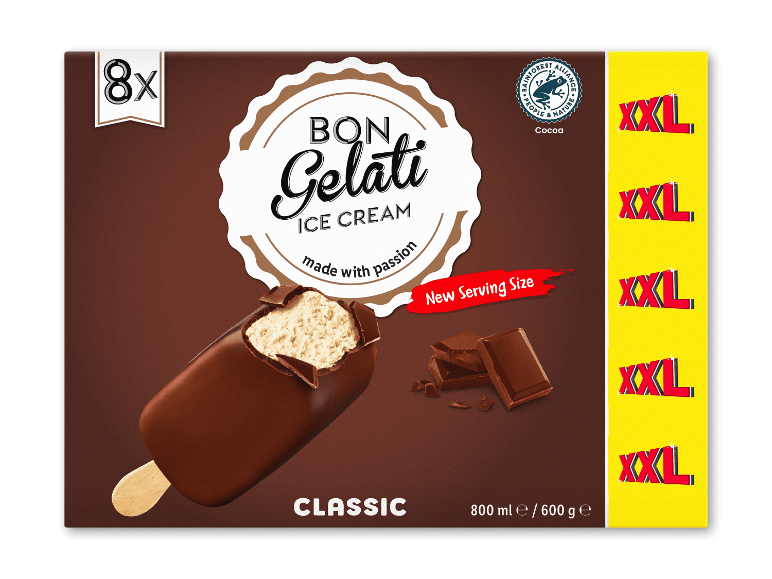 Pakke med 8 chokoladeisbarer, med en åben is og chokoladestykker.