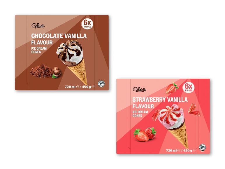 To pakker isvafler: chokolade-vanilje og jordbær-vanilje smag, 6 stk.
