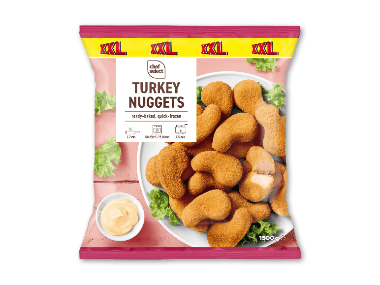 XXL kalkunnuggets, færdigbagte og lynfrosne, 1500g.