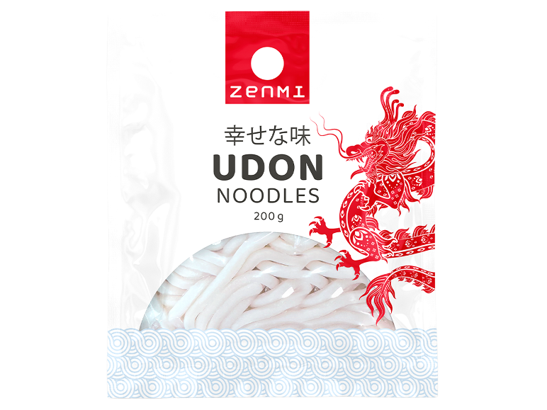 Pakke med 200 g udon-nudler med illustration af en rød drage.