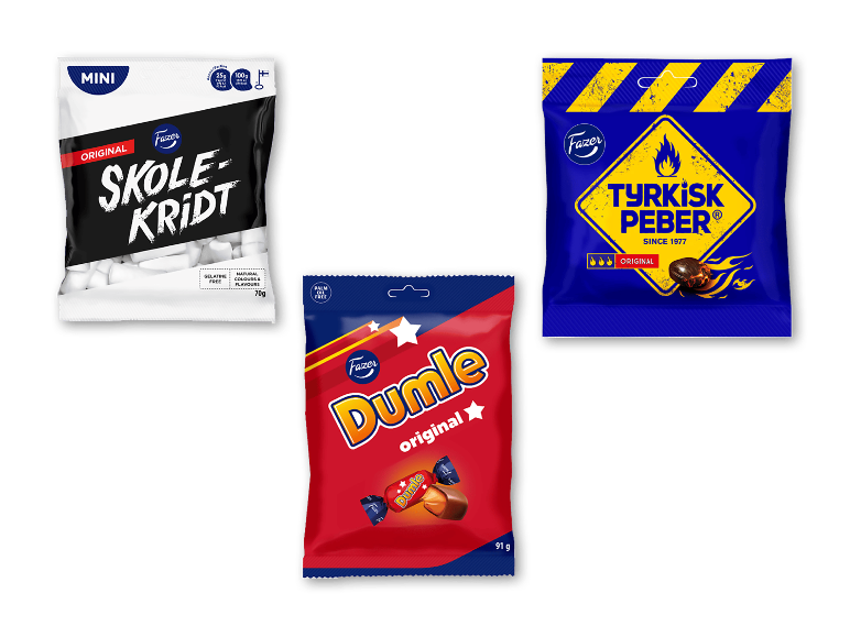 Tre slikposer: Skolekridt, Dumle og Tyrkisk Peber.
