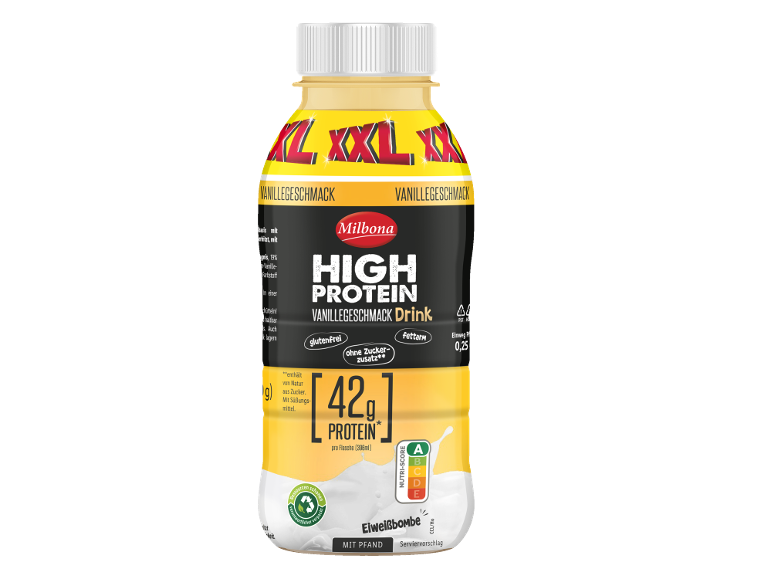 Vaniljeproteindrik, 396 ml, med 42 g protein.