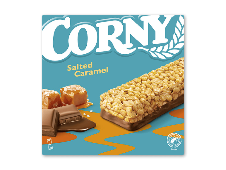Kornbar med saltkaramel, chokolade og karamelstykker