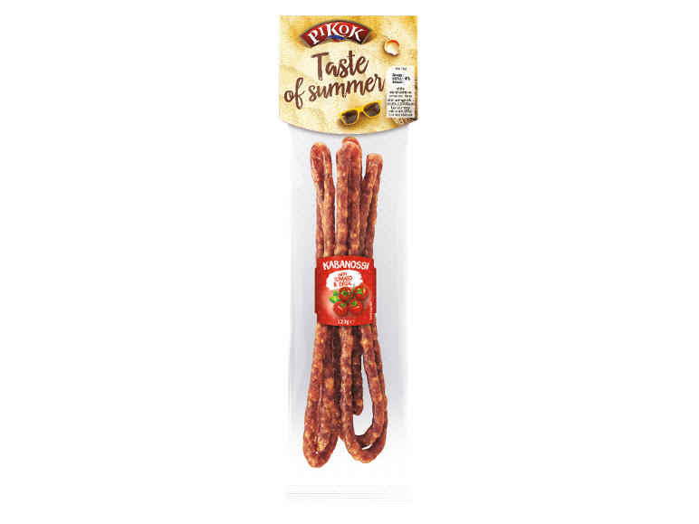 Kabanossi med tomat og basilikum, 120g, med et 'Taste of summer' tema.