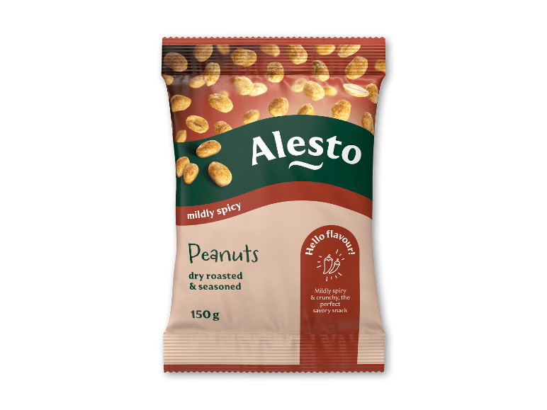 Pose med tørristede og krydrede peanuts, 150 g, med teksten 'mildly spicy'.