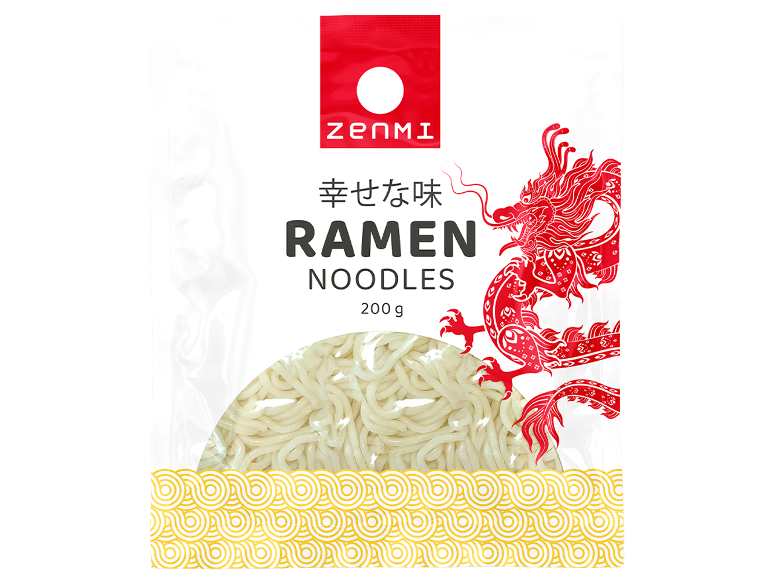 En pakke med 200 g ramennudler med motiv af en rød drage