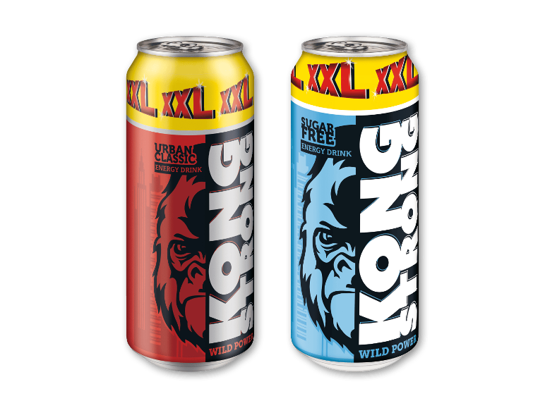 To XXL energidrikdåser, en klassisk rød og en sukkerfri blå, med en gorilla.
