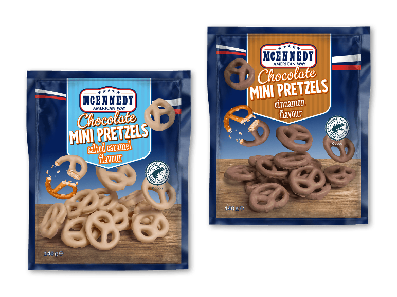 McEnnedy chokolade-minipretzels med smag af saltkaramel og kanel.
