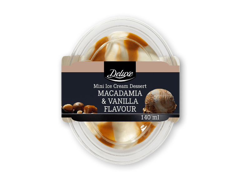 Mini isdessert med smag af macadamia og vanilje, 140 ml.