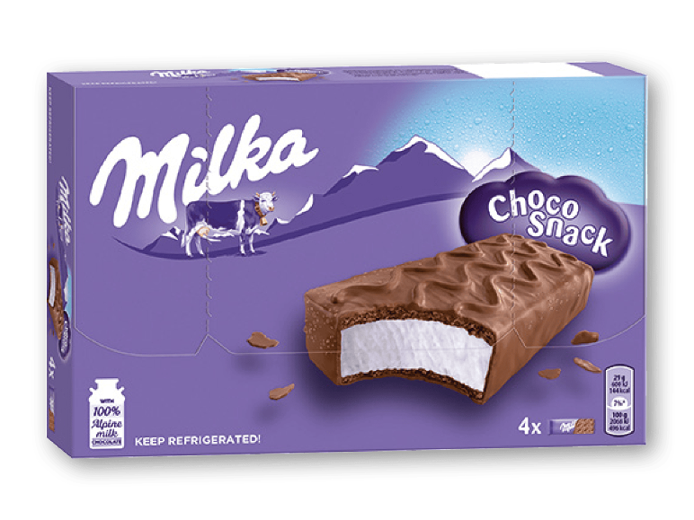 Milka Choco Snack, kølig mælkesnack med alpin mælkechokolade, 4-pak