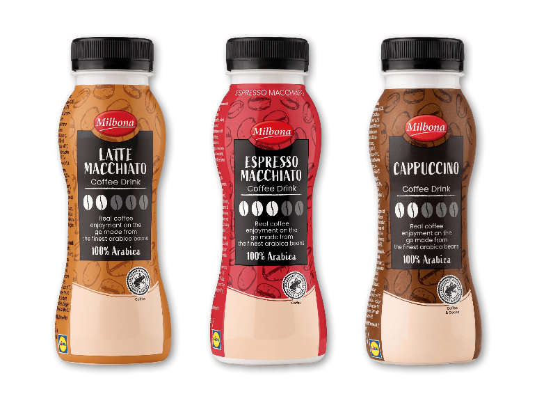 Milbona kaffedrikke: Latte Macchiato, Espresso Macchiato og Cappuccino.