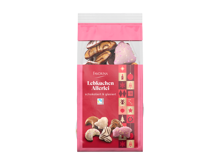 Pakke med forskellige formede honningkager, chokolade og glaserede, med julemotiver.