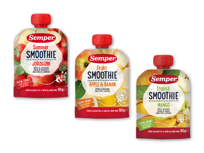 Tre frugtpuréer til babyer med smag af jordbær, æble & banan og mango.