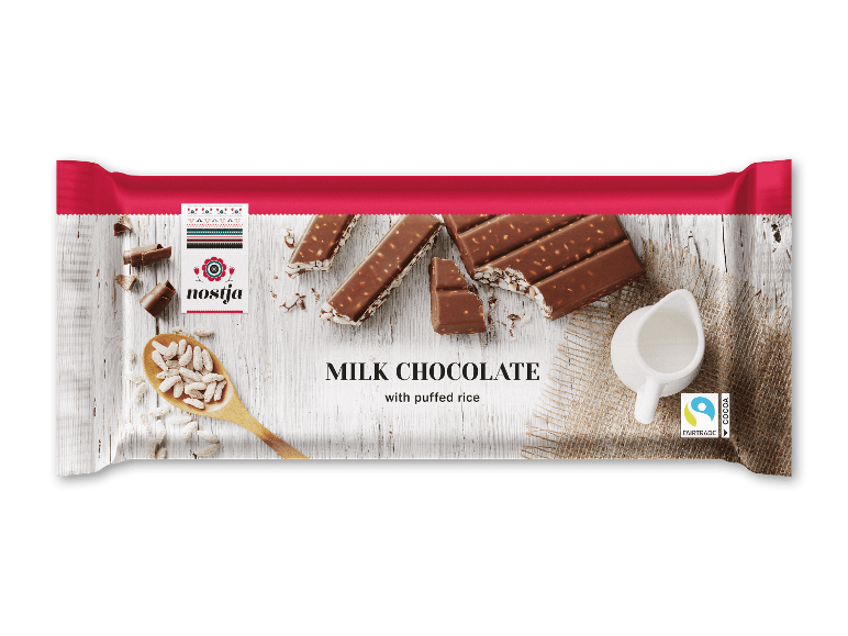 Nostja mælkechokolade med puffede ris, 200g, med Fairtrade kakao.