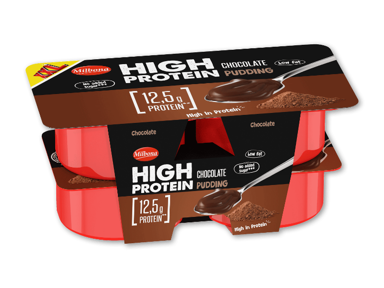 To pakker chokoladepudding med højt proteinindhold, lavt fedtindhold og uden tilsat sukker.