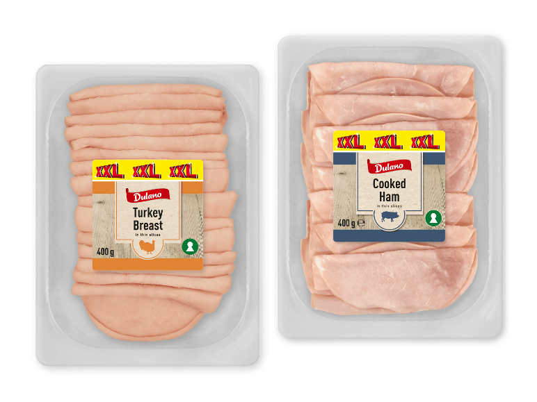 To pakker skiveskåret pålæg, et kalkunbryst og en kogt skinke, begge 400g.