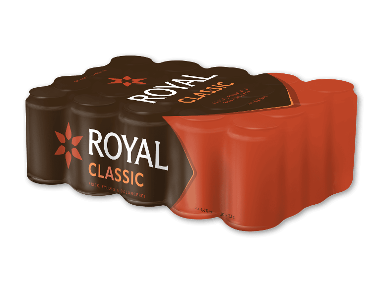 Seks-pak brune øldåser med orange tekst 'Classic', 4,6% alkohol.